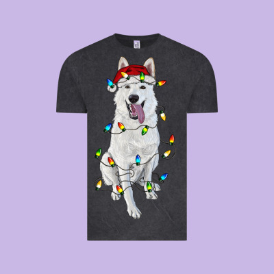 Vintage Tee Christmas White Shepherd With Christmas Lights