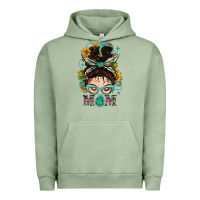 Pigment Oil Green Western Messy Bun Mom With Sunflower Urban Hoodie - BundleAndBundleShop