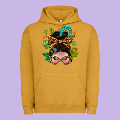 Western  Messy Bun With Cactus Urban Hoodie Designed By Bundleandbundleshop