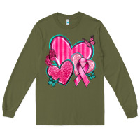 Army Green Breast Cancer Hearts Long Sleeve Tee - texasbilliewilder