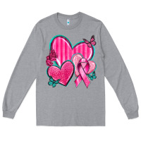 Heather Grey Breast Cancer Hearts Long Sleeve Tee - texasbilliewilder