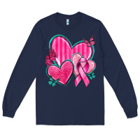 Navy Breast Cancer Hearts Long Sleeve Tee - texasbilliewilder