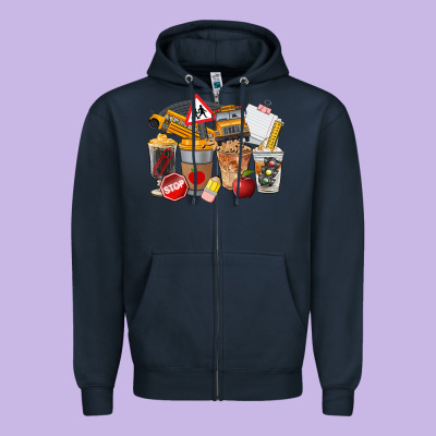 School Bus Coffee Cups Zipper Hoodie Designed By Fadigitalartstudio