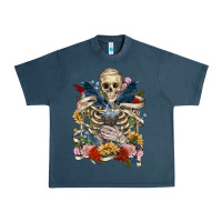 Midnight Navy Flower Boho Skull Skeleton Urban Heavy Tee - RanaPortraitStore