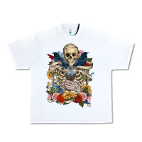 White Flower Boho Skull Skeleton Urban Heavy Tee - RanaPortraitStore