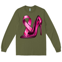 Army Green Breast Cancer Ribbon and Heels Long Sleeve Tee - texasbilliewilder