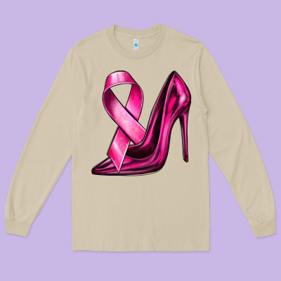 Breast Cancer Ribbon And Heels Long Sleeve Tee Designed By Texasbilliewilder