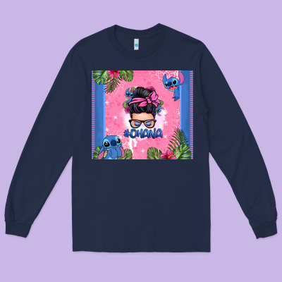 Ohana Stitch Messy Bun Long Sleeve Tee Designed By Zillion Design Studio