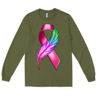 Army Green Breast Cancer Ribbon with Feather Long Sleeve Tee - texasbilliewilder