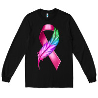 Black Breast Cancer Ribbon with Feather Long Sleeve Tee - texasbilliewilder