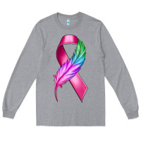 Heather Grey Breast Cancer Ribbon with Feather Long Sleeve Tee - texasbilliewilder