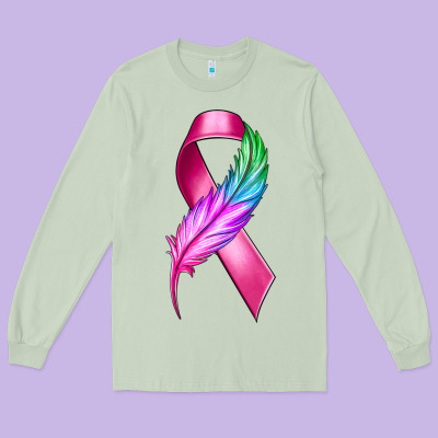 Breast Cancer Ribbon With Feather Long Sleeve Tee Designed By Texasbilliewilder