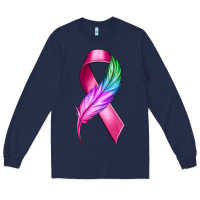 Navy Breast Cancer Ribbon with Feather Long Sleeve Tee - texasbilliewilder