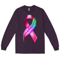 Plum Breast Cancer Ribbon with Feather Long Sleeve Tee - texasbilliewilder