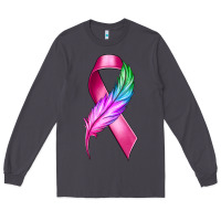 Smoke Breast Cancer Ribbon with Feather Long Sleeve Tee - texasbilliewilder