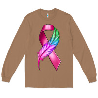 Toasted Coconut Breast Cancer Ribbon with Feather Long Sleeve Tee - texasbilliewilder