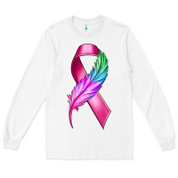 White Breast Cancer Ribbon with Feather Long Sleeve Tee - texasbilliewilder