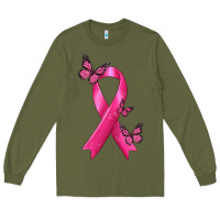 Army Green Breast Cancer Ribbon with Butterfly Long Sleeve Tee - texasbilliewilder
