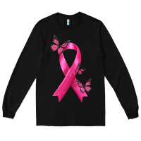 Black Breast Cancer Ribbon with Butterfly Long Sleeve Tee - texasbilliewilder