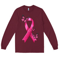 Burgundy Breast Cancer Ribbon with Butterfly Long Sleeve Tee - texasbilliewilder
