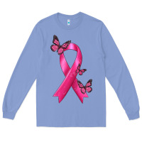 Colony Blue Breast Cancer Ribbon with Butterfly Long Sleeve Tee - texasbilliewilder