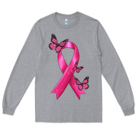 Heather Grey Breast Cancer Ribbon with Butterfly Long Sleeve Tee - texasbilliewilder