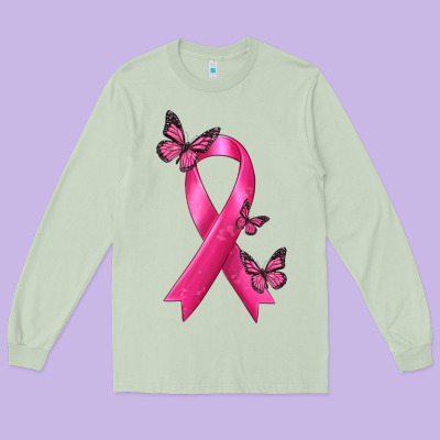 Breast Cancer Ribbon With Butterfly Long Sleeve Tee Designed By Texasbilliewilder