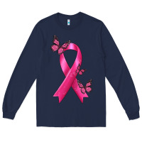 Navy Breast Cancer Ribbon with Butterfly Long Sleeve Tee - texasbilliewilder