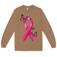 Toasted Coconut Breast Cancer Ribbon with Butterfly Long Sleeve Tee - texasbilliewilder