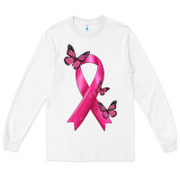 White Breast Cancer Ribbon with Butterfly Long Sleeve Tee - texasbilliewilder