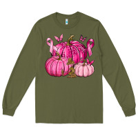 Army Green Breast Cancer We Wear Pink with Pumpkin and Ribbon Long Sleeve Tee - texasbilliewilder