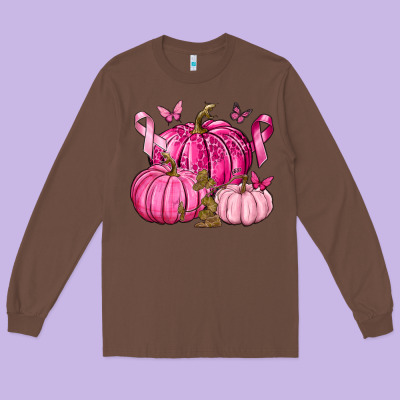 Breast Cancer We Wear Pink With Pumpkin And Ribbon Long Sleeve Tee Designed By Texasbilliewilder