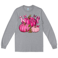 Heather Grey Breast Cancer We Wear Pink with Pumpkin and Ribbon Long Sleeve Tee - texasbilliewilder