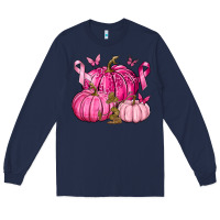Navy Breast Cancer We Wear Pink with Pumpkin and Ribbon Long Sleeve Tee - texasbilliewilder