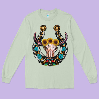 Western Horseshoe Skull Long Sleeve Tee Designed By Ranaportraitstore