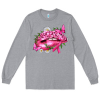 Heather Grey Breast Cancer with Ribbon Pink Lips Long Sleeve Tee - texasbilliewilder