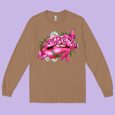 Breast Cancer With Ribbon Pink Lips Long Sleeve Tee Designed By Texasbilliewilder
