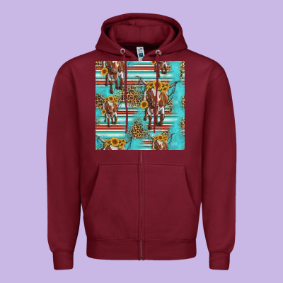 Longhorn Bull Seamless Pattern Zipper Hoodie Designed By Hra Design Shop