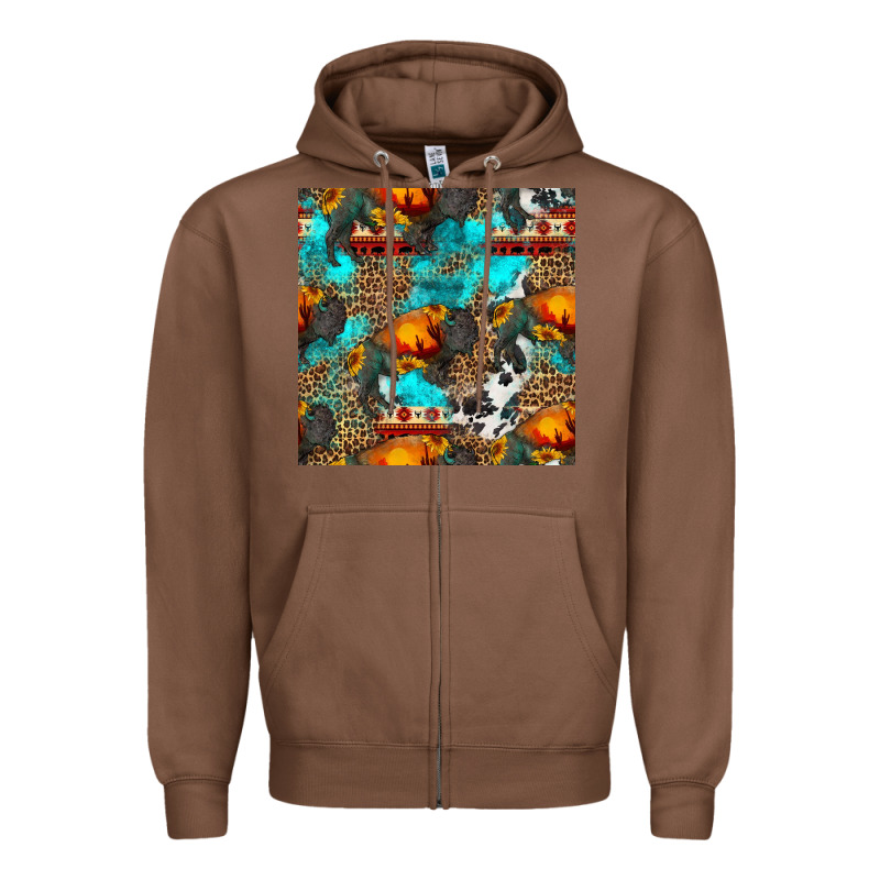 Western Sunset Bison And Sunflowers Seamless Pattern Zipper Hoodie by HRA Design Shop | Teevron