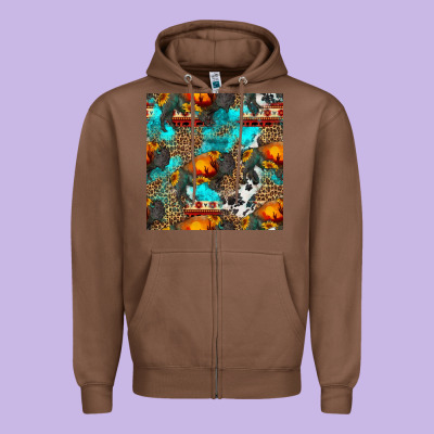 Western Sunset Bison And Sunflowers Seamless Pattern Zipper Hoodie Designed By Hra Design Shop