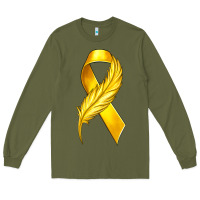 Army Green Childhood Cancer Ribbon with Feather Long Sleeve Tee - texasbilliewilder