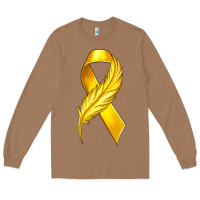 Toasted Coconut Childhood Cancer Ribbon with Feather Long Sleeve Tee - texasbilliewilder