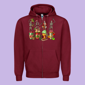 Christmas Skeleton Coffee Cups Zipper Hoodie Designed By Fadigitalartstudio