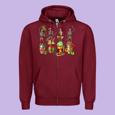 Christmas Skeleton Coffee Cups Zipper Hoodie Designed By Fadigitalartstudio