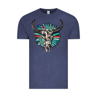 Vintage Denim western bull skull with sunflower and gemstone Vintage Tee - texasbilliewilder
