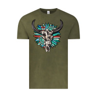 Vintage Olive western bull skull with sunflower and gemstone Vintage Tee - texasbilliewilder