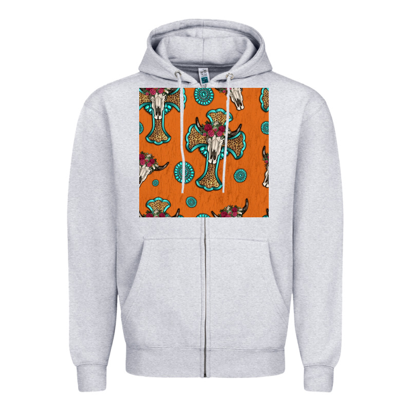 Western Cross And Bull Skull Seamless Pattern Zipper Hoodie by HRA Design Shop | Teevron