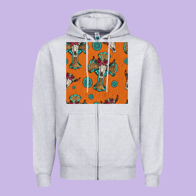 Western Cross And Bull Skull Seamless Pattern Zipper Hoodie Designed By Hra Design Shop