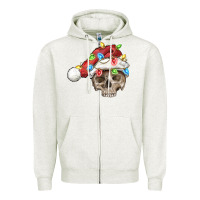 Oatmeal Heather Christmas skull with santa hat Zipper Hoodie - FaDigitalArtStudio