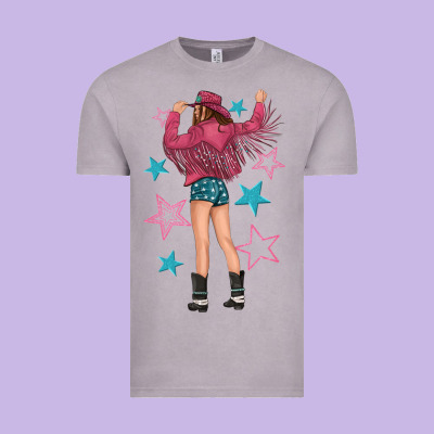 Western Pink With Stars And Cowgirl Vintage Tee Designed By Texasbilliewilder
